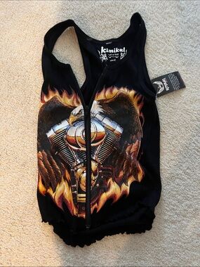 Kimikal Black Graphic Tank Top with Flaming Eagle Engine Print